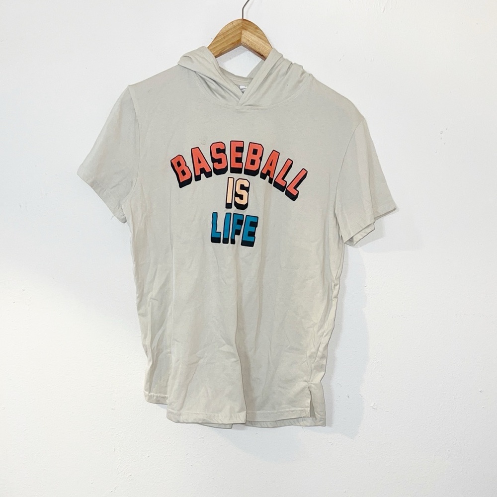 Plate crate “baseball is life” hooded cream short sleeve men’s shirt
